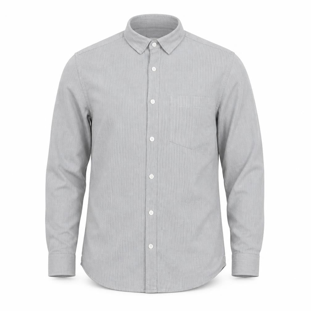 Front view of River Island Men's Grey Herringbone Cotton Long Sleeve Button-Up Shirt M