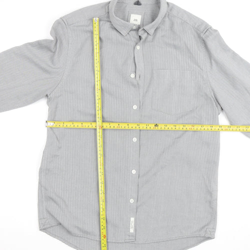 River Island Men's Grey Herringbone Cotton Long Sleeve Button-Up Shirt M