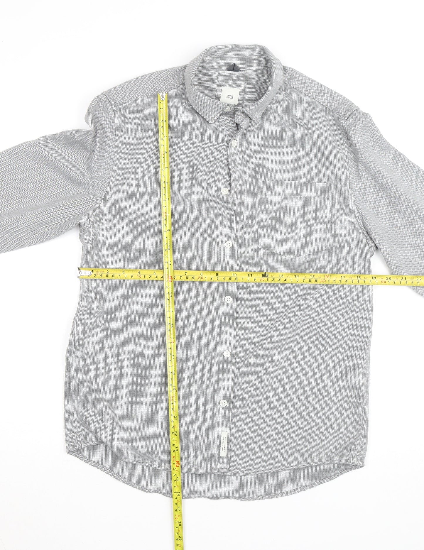 River Island Men's Grey Herringbone Cotton Long Sleeve Button-Up Shirt M