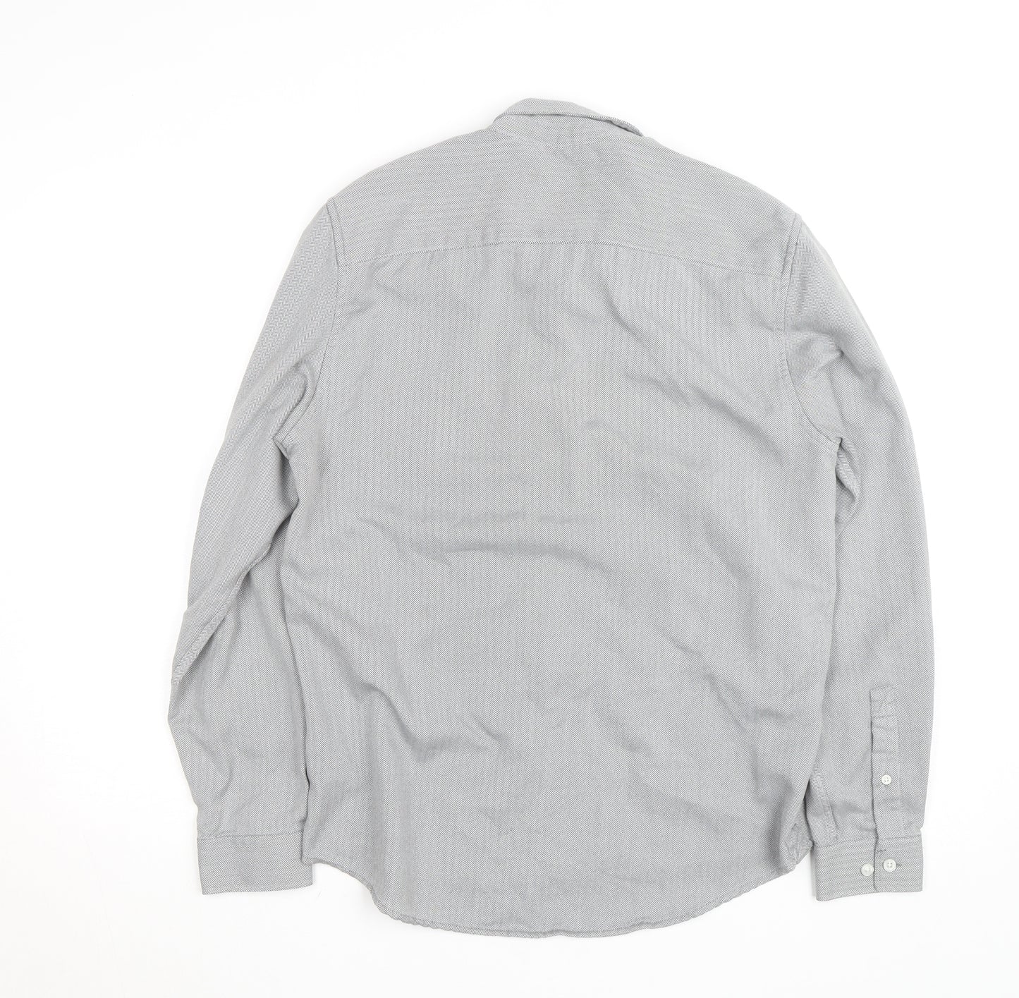 River Island Men's Grey Herringbone Cotton Long Sleeve Button-Up Shirt M