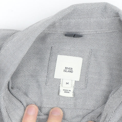 River Island Men's Grey Herringbone Cotton Long Sleeve Button-Up Shirt M