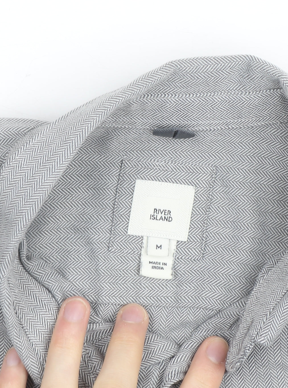 River Island Men's Grey Herringbone Cotton Long Sleeve Button-Up Shirt M