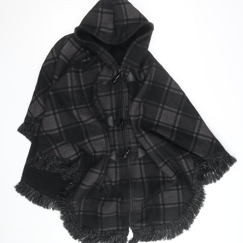 Feminine Women's Black Check Hooded Cape Poncho L