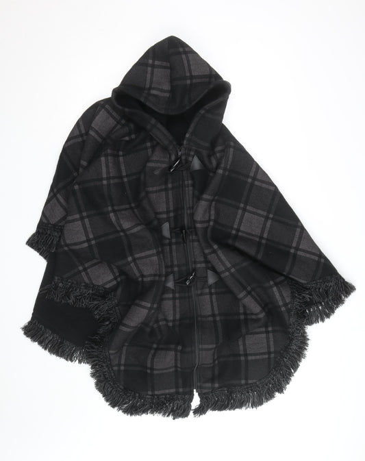 Feminine Women's Black Check Hooded Cape Poncho L