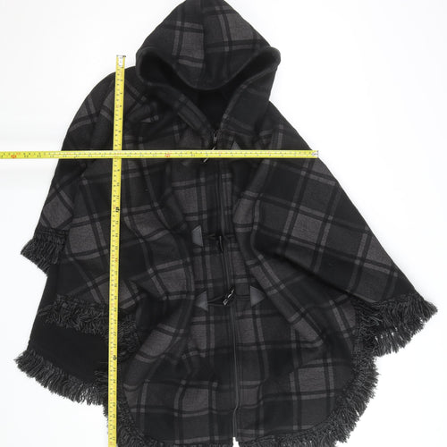 Feminine Women's Black Check Hooded Cape Poncho L