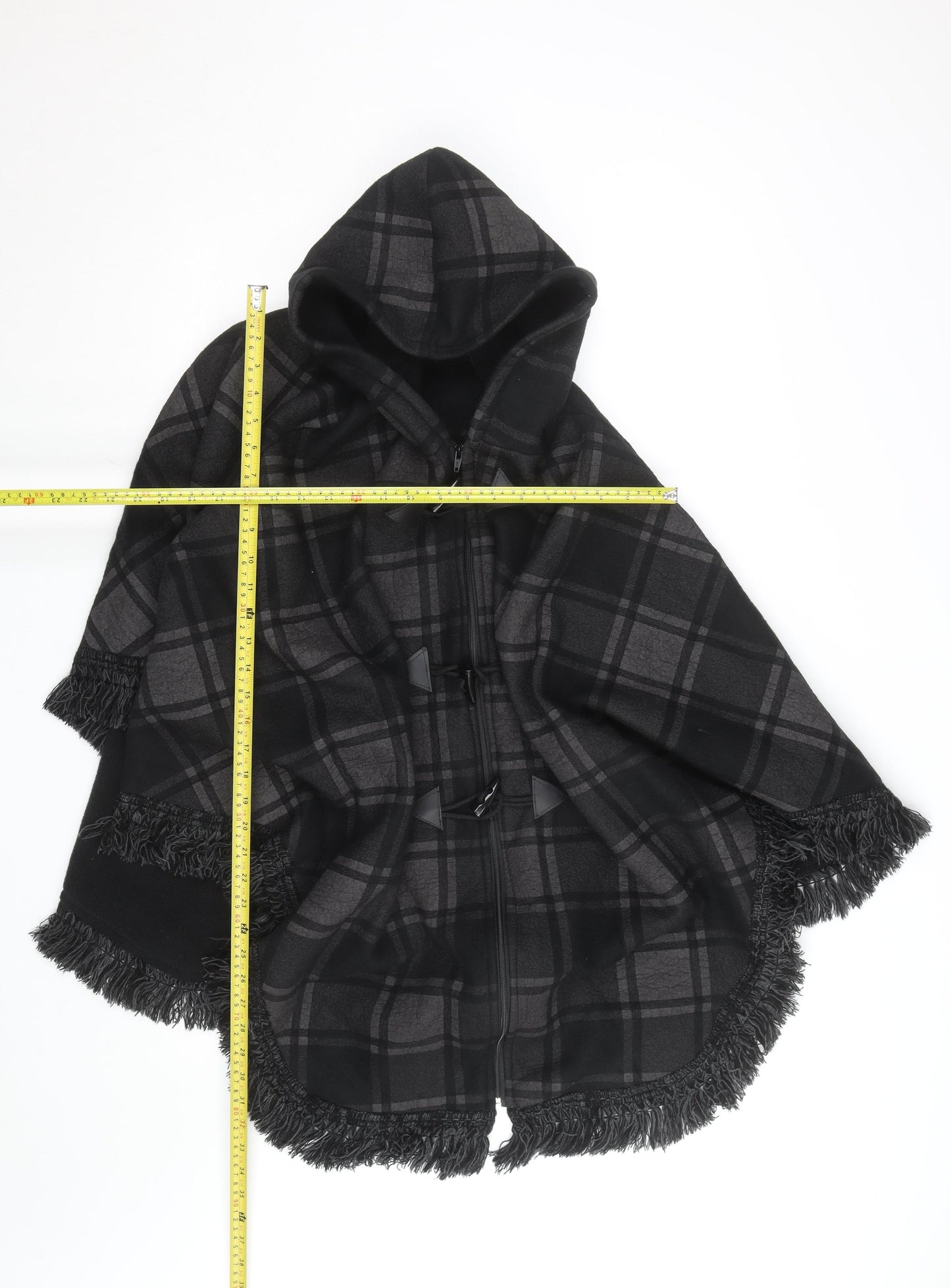 Feminine Women's Black Check Hooded Cape Poncho L
