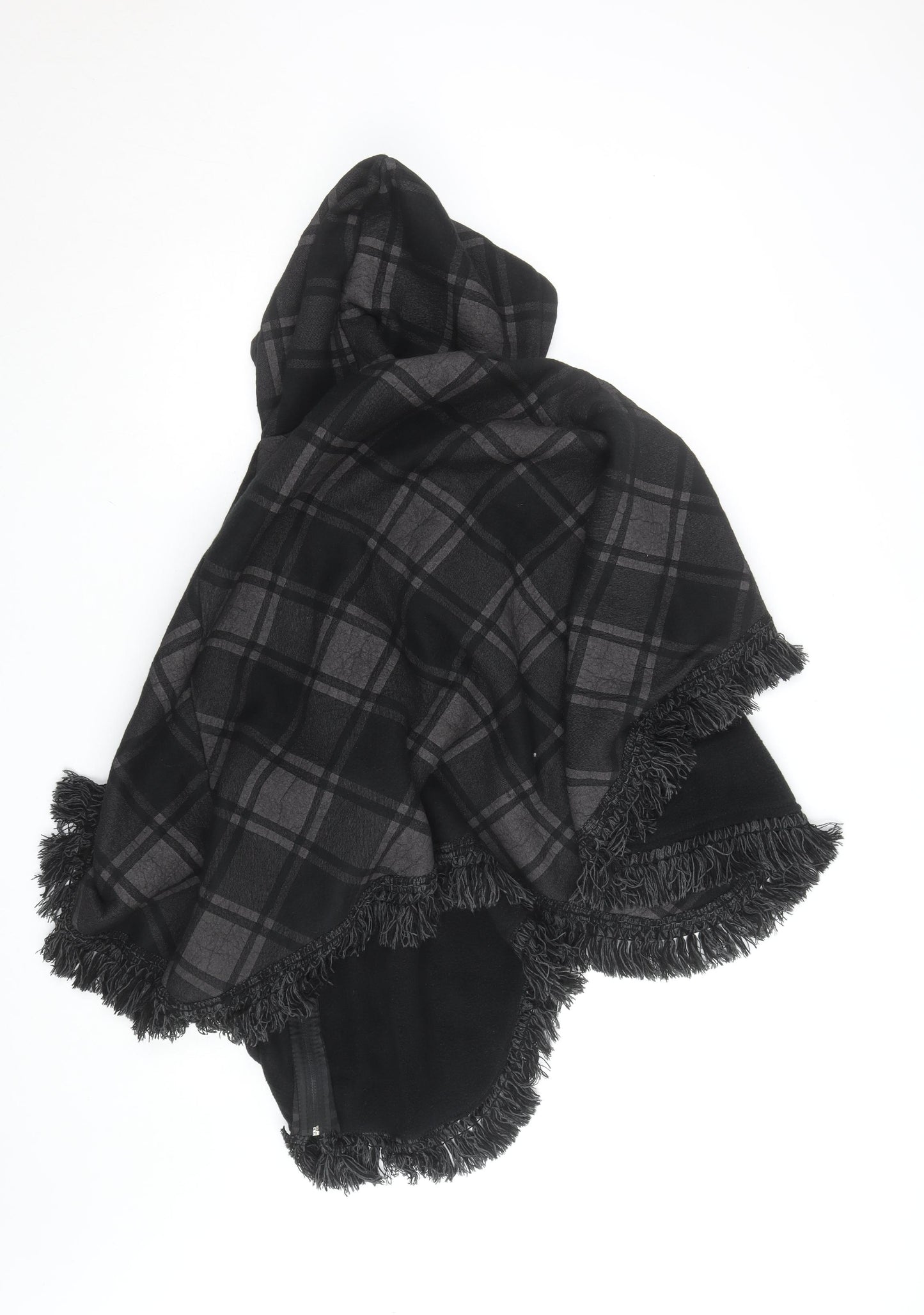 Feminine Women's Black Check Hooded Cape Poncho L