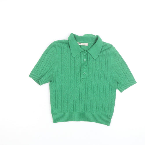 Pull & Bear Women Green Collared Cable-Knit Short Sleeve Jumper Size 8