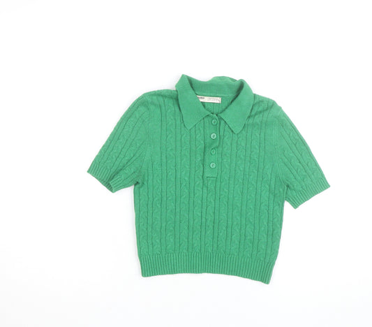 Pull & Bear Women Green Collared Cable-Knit Short Sleeve Jumper Size 8