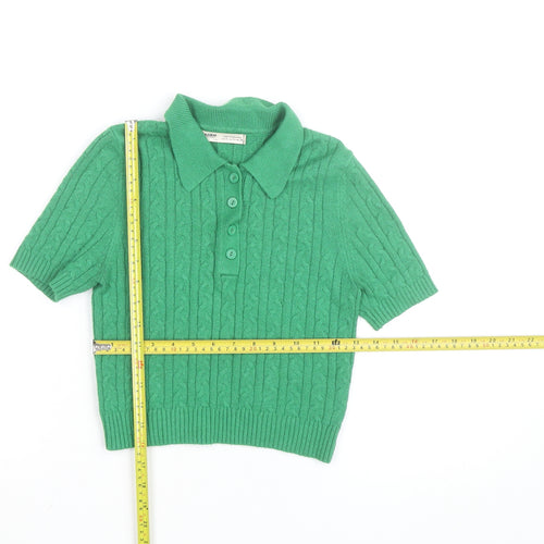 Pull & Bear Women Green Collared Cable-Knit Short Sleeve Jumper Size 8