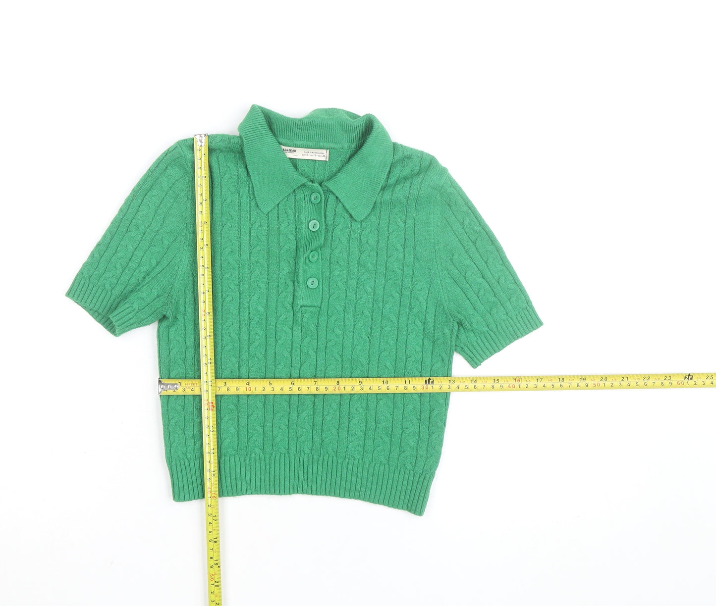Pull & Bear Women Green Collared Cable-Knit Short Sleeve Jumper Size 8