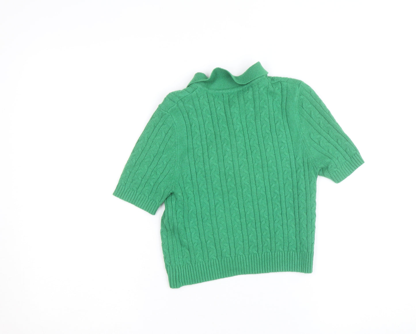 Pull & Bear Women Green Collared Cable-Knit Short Sleeve Jumper Size 8