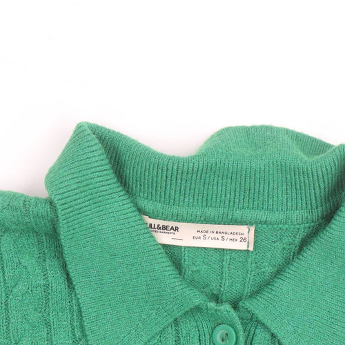Pull & Bear Women Green Collared Cable-Knit Short Sleeve Jumper Size 8