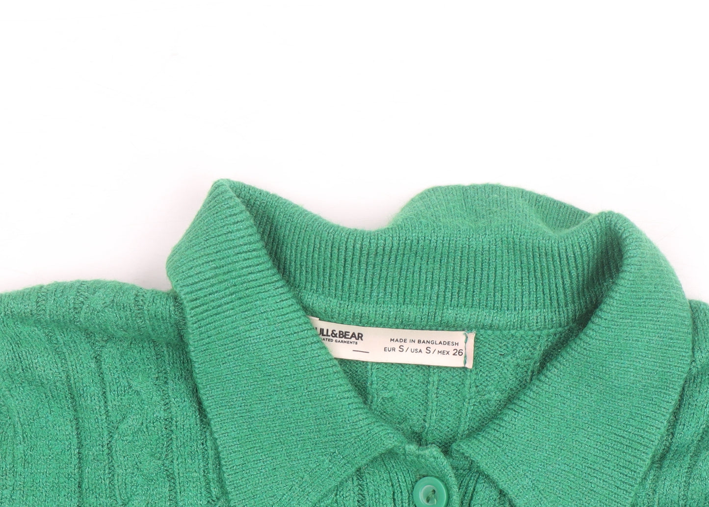 Pull & Bear Women Green Collared Cable-Knit Short Sleeve Jumper Size 8