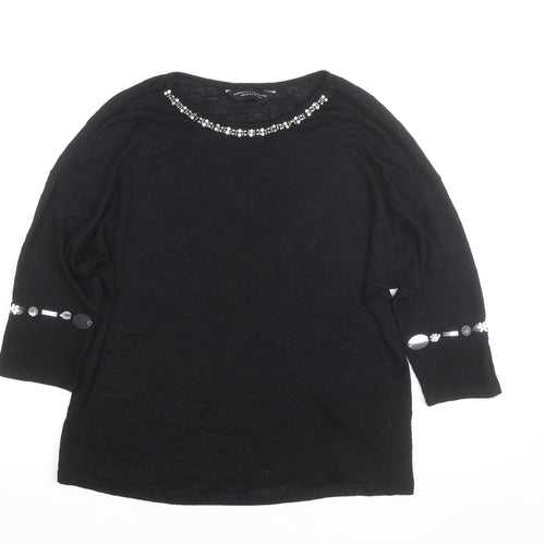 Dorothy Perkins Women's Black Beaded 3/4 Sleeve Knit Blouse Size 14