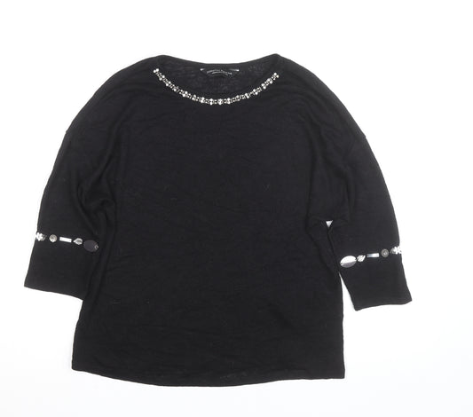 Dorothy Perkins Women's Black Beaded 3/4 Sleeve Knit Blouse Size 14