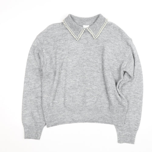 H&M Women Grey Beaded Collar Knit Pullover Jumper Size L