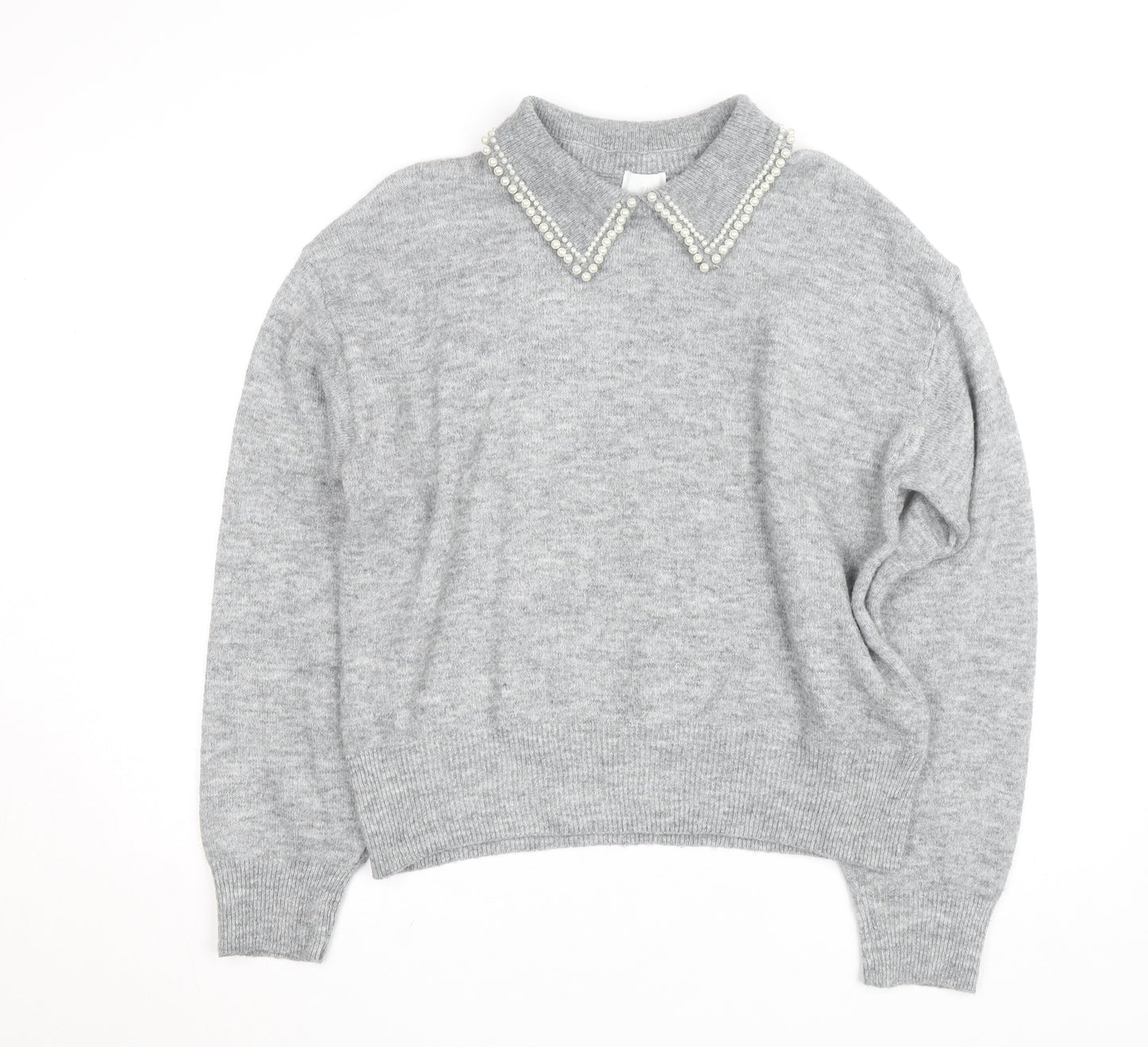 H&M Women Grey Beaded Collar Knit Pullover Jumper Size L