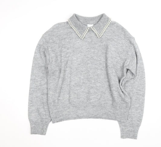 H&M Women Grey Beaded Collar Knit Pullover Jumper Size L