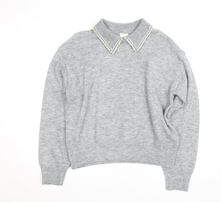 H&M Women Grey Beaded Collar Knit Pullover Jumper Size L
