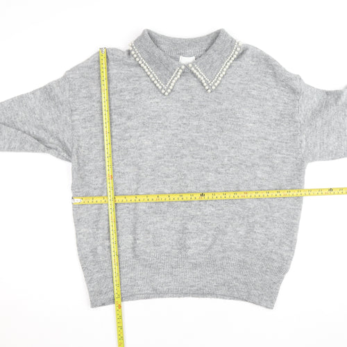 H&M Women Grey Beaded Collar Knit Pullover Jumper Size L