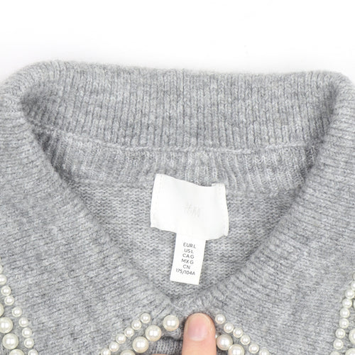 H&M Women Grey Beaded Collar Knit Pullover Jumper Size L