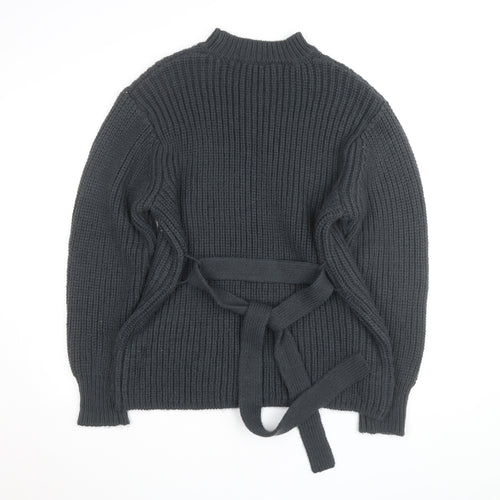 Zara Women Grey Mock Neck Waffle Knit Belted Jumper Size 12
