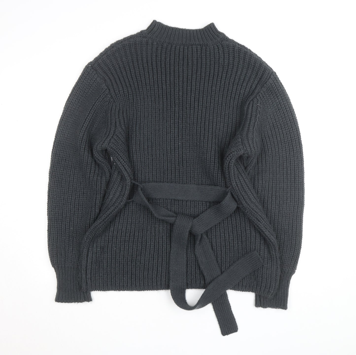 Zara Women Grey Mock Neck Waffle Knit Belted Jumper Size 12