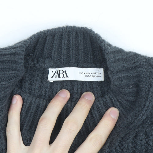 Zara Women Grey Mock Neck Waffle Knit Belted Jumper Size 12