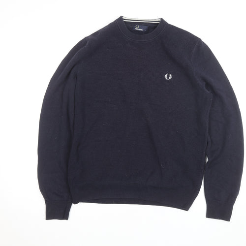 Fred Perry Men’s Blue Cotton Crew Neck Jumper Size L Classic Logo Knit