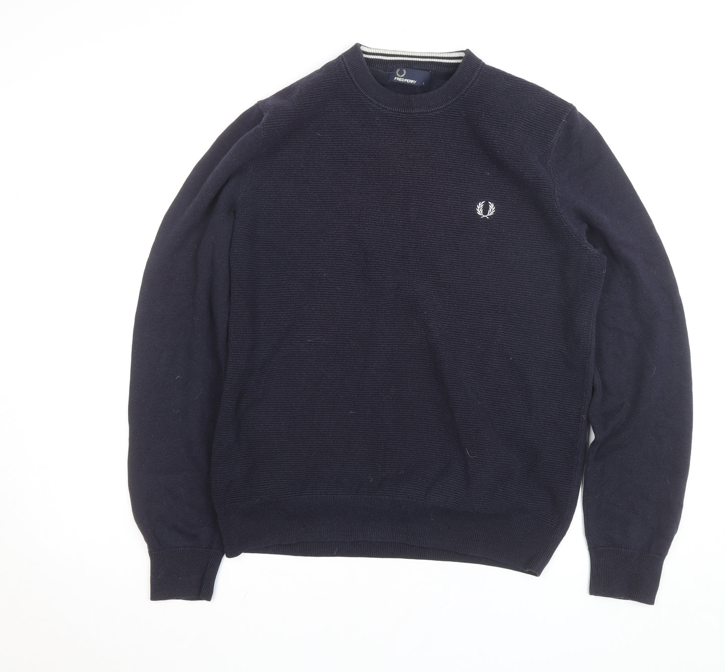 Fred Perry Men’s Blue Cotton Crew Neck Jumper Size L Classic Logo Knit