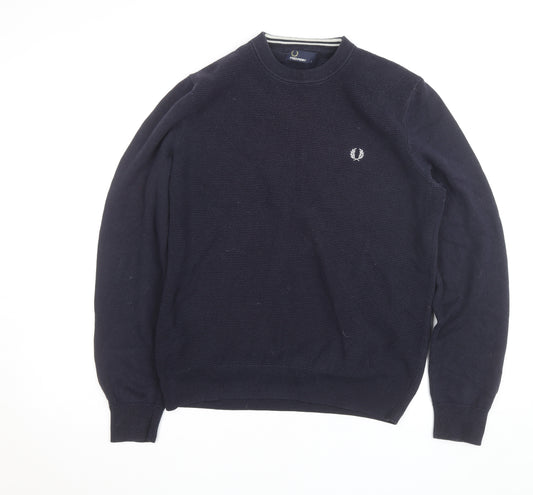 Fred Perry Men’s Blue Cotton Crew Neck Jumper Size L Classic Logo Knit