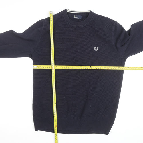 Fred Perry Men’s Blue Cotton Crew Neck Jumper Size L Classic Logo Knit