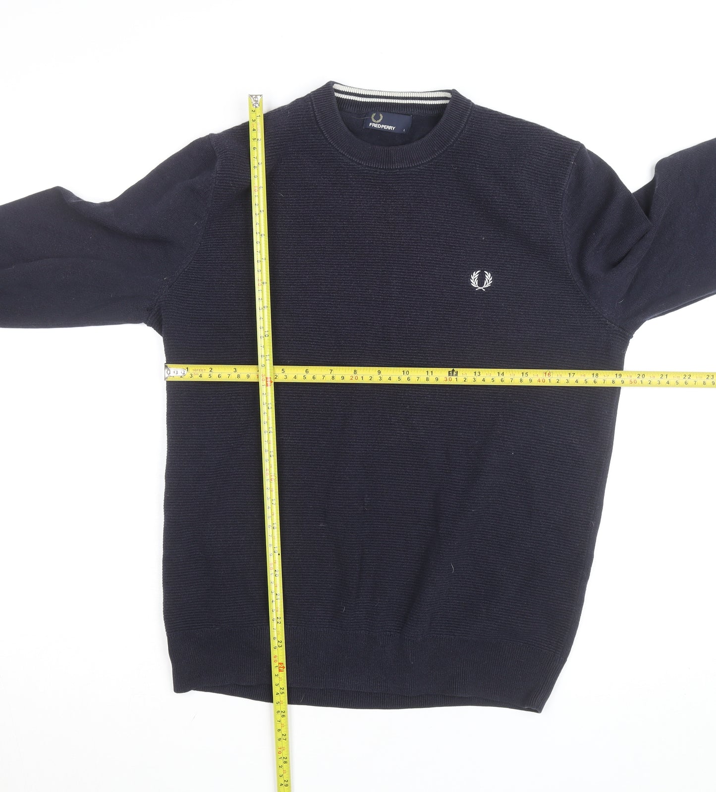 Fred Perry Men’s Blue Cotton Crew Neck Jumper Size L Classic Logo Knit