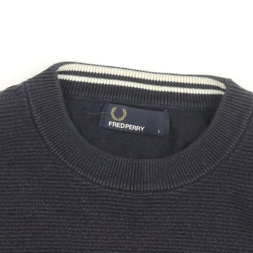 Fred Perry Men’s Blue Cotton Crew Neck Jumper Size L Classic Logo Knit