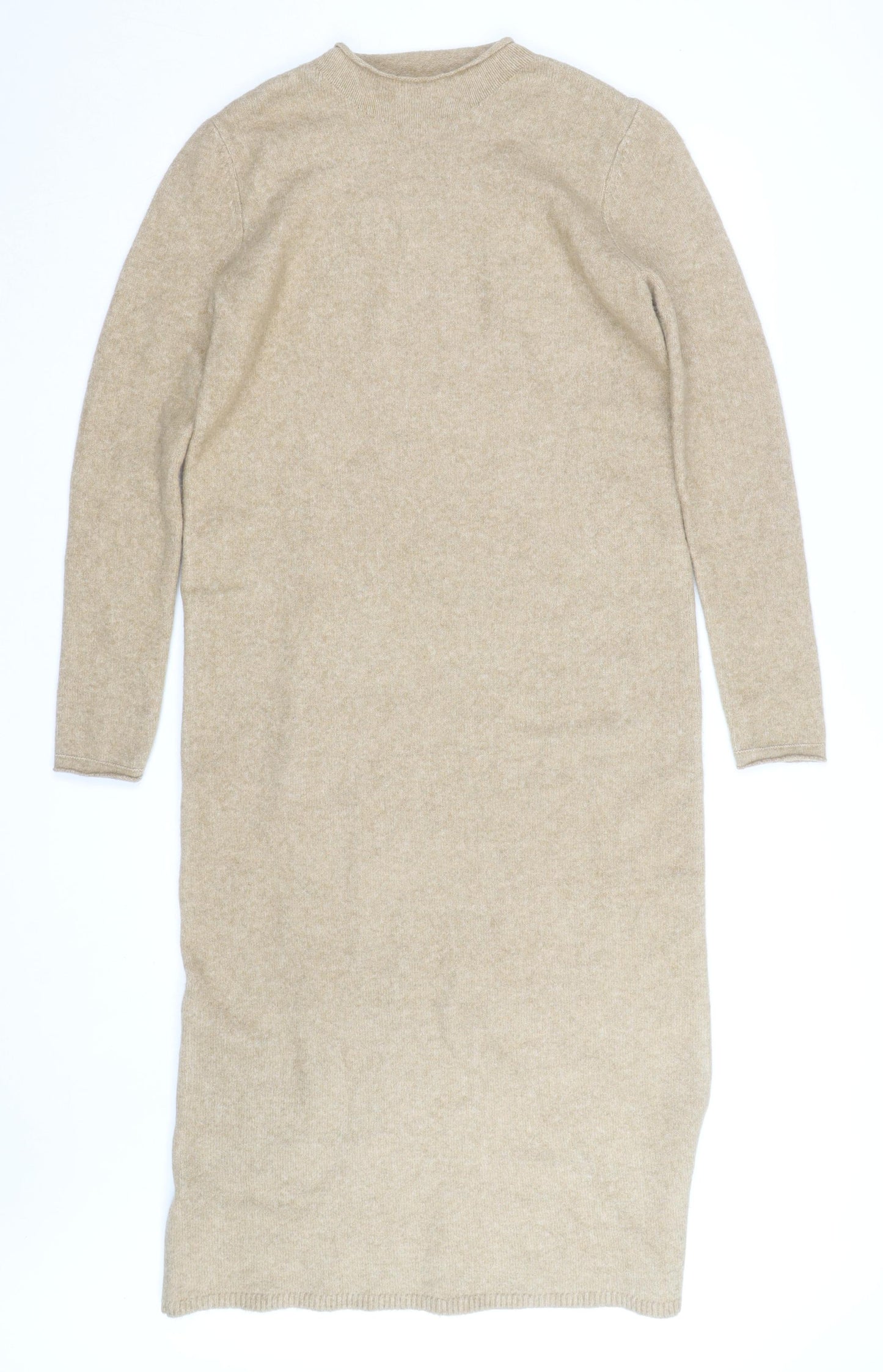 MNG Women Beige Wool Knit Jumper Dress L Long Sleeve Winter