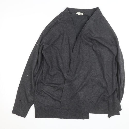Monsoon Women Grey L Cardigan Beaded Open-Knit V-Neck Long Sleeve