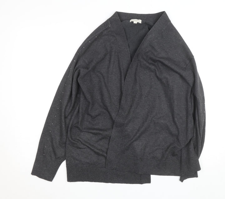 Monsoon Women Grey L Cardigan Beaded Open-Knit V-Neck Long Sleeve