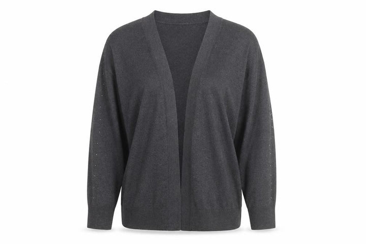 Monsoon Women Grey L Cardigan Beaded Open-Knit V-Neck Long Sleeve