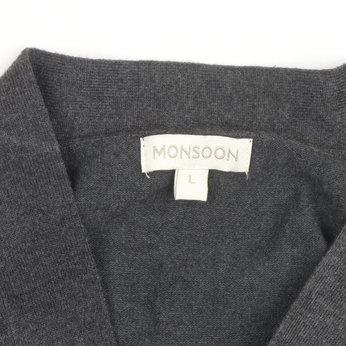 Monsoon Women Grey L Cardigan Beaded Open-Knit V-Neck Long Sleeve