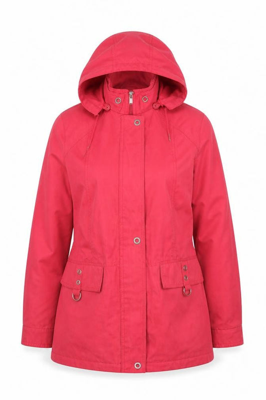 Front view of Lakeland women’s pink hooded parka jacket, size M, cotton mid-length
