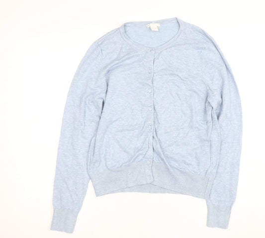 BASIC Women's Blue Cotton Blend Crew Neck Cardigan Size 10