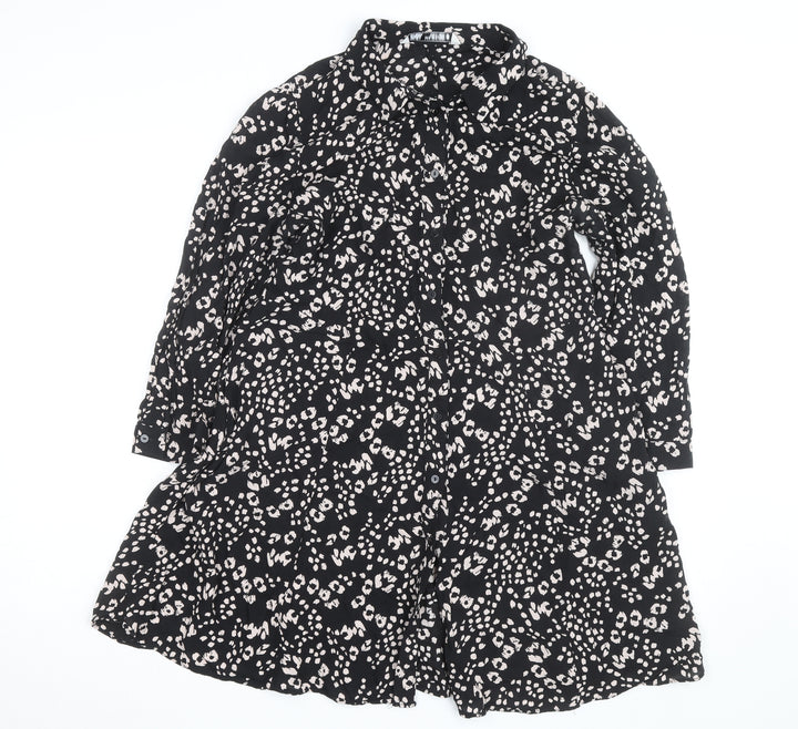 ZARA Women Black Animal Print Long Sleeve Shirt Dress Size 16