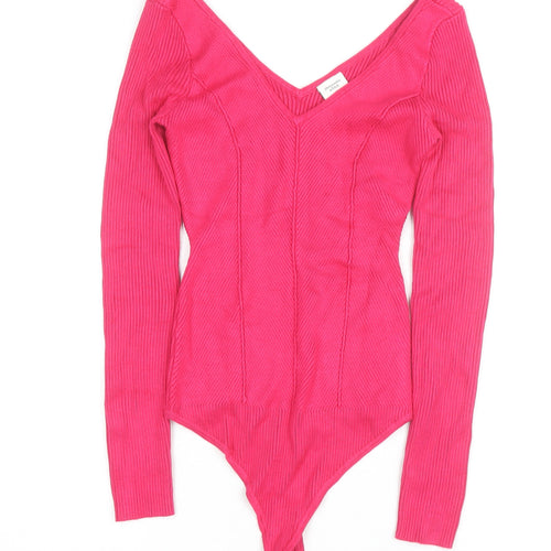 Abercrombie & Fitch Women’s Pink Ribbed V-Neck Long Sleeve Bodysuit Size S