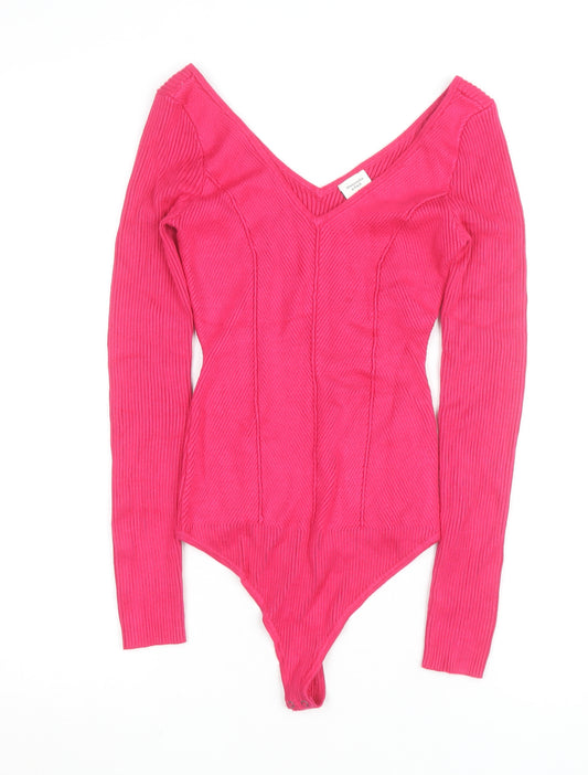 Abercrombie & Fitch Women’s Pink Ribbed V-Neck Long Sleeve Bodysuit Size S