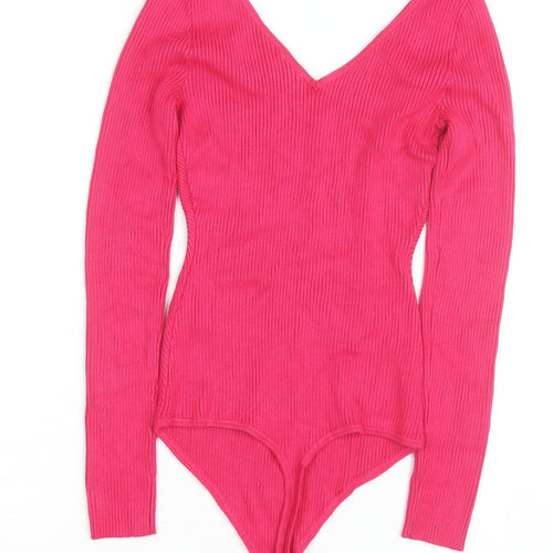 Abercrombie & Fitch Women’s Pink Ribbed V-Neck Long Sleeve Bodysuit Size S