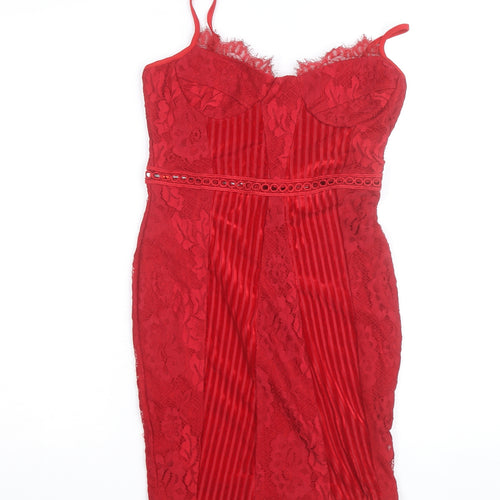 PrettyLittleThing Women's Red Lace Bodycon Dress Size 8