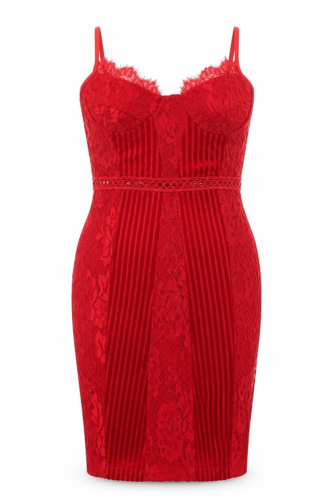 Front view of PRETTYLITTLETHING Women's Red Lace Bodycon Dress, size 8