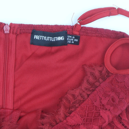 PrettyLittleThing Women's Red Lace Bodycon Dress Size 8