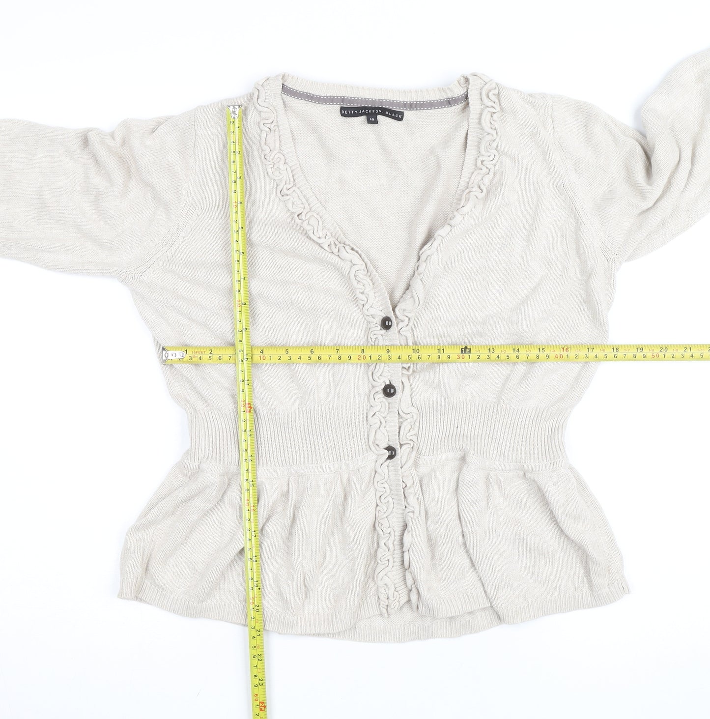 Betty Jackson Black Women's Beige Size 18 Ruffle Cardigan